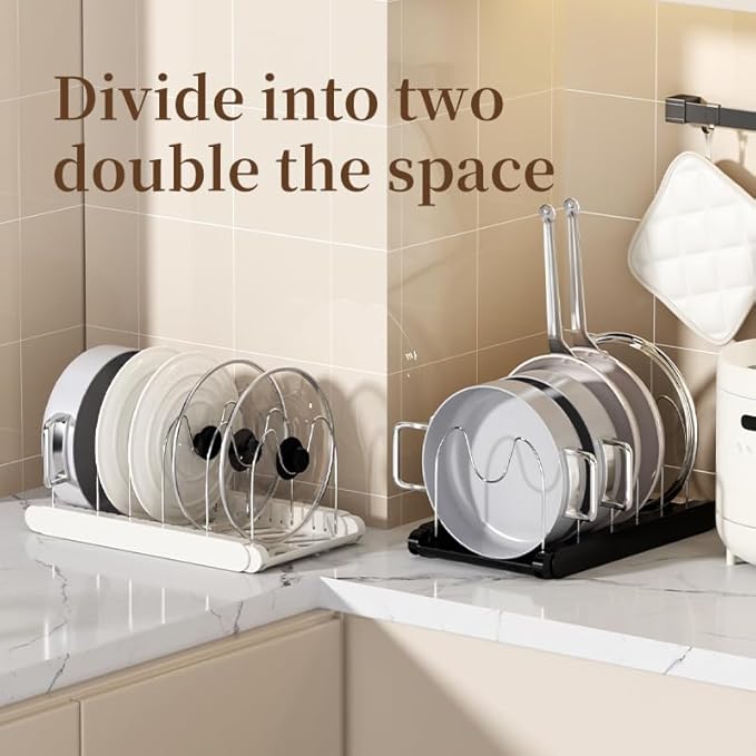 Lhieiayh Pot Rack -Expandable Pan Organizer for Cabinet,Pot Lid Holder with 7 Adjustable Compartment for Kitchen Cabinet Cookware Baking Frying Rack,2Pack,Black