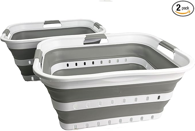 SAMMART 42L (11 gallons) Set of 2 Plastic Foldable Storage Basket/Container - Collapsible, Space Saving and Portable Laundry Hamper, Ideal for Home, Travel, Dorm, and Camping (2, White/Grey)