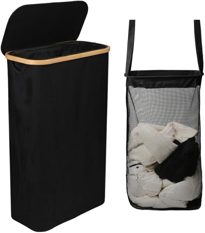 ErraLife Slim Laundry Hamper with Lid, 60L Capacity, Bamboo Handles, and Steel Ring Removable Inner Bag - Collapsible Clothes Basket Laundry Organizer for Bedroom, Bathroom, Dorm, Black