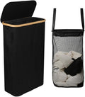 ErraLife Slim Laundry Hamper with Lid, 60L Capacity, Bamboo Handles, and Steel Ring Removable Inner Bag - Collapsible Clothes Basket Laundry Organizer for Bedroom, Bathroom, Dorm, Black