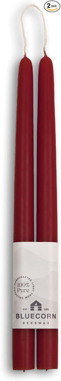 Bluecorn Beeswax Taper Candles, 100% Pure Natural Bees Wax, 12 Inch Pair, Burgundy Candlesticks, Unscented, Clean Burning & Dripless, Long Lasting, Thanksgiving & Christmas Decor, American Made, 1 Ct