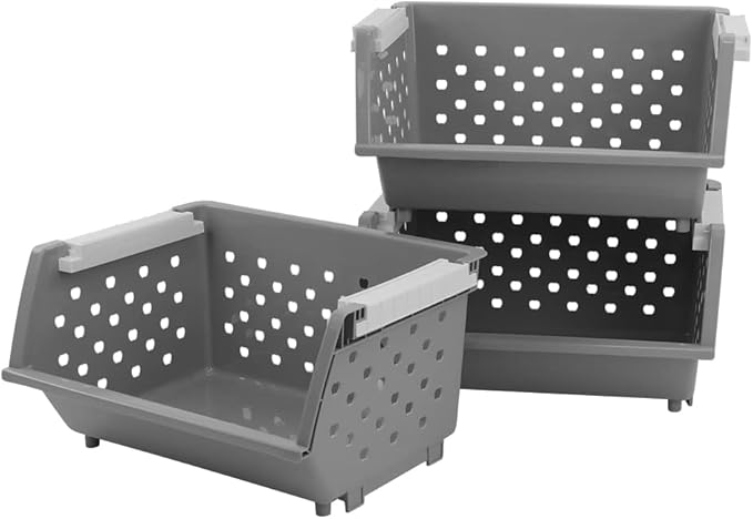 Ggbin 3 Tier Stackable Storage Baskets, Plastic Stacking Open Front Storage Bin, Grey