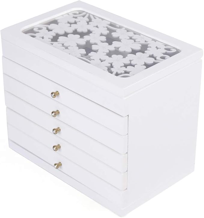 Jewelry Storage Organizer, 6 Layers with 5 Drawers Large Jewelry Organizer Wooden Storage Box Case for Woman (White)
