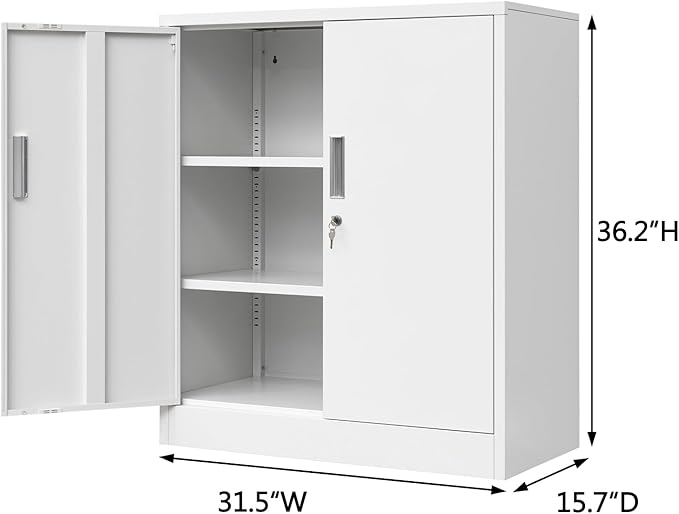 CJF Pantry Cabinet, Metal Storage Cabinets with Shelves and Doors, Steel Locking Cabinet for Kitchen Storage, Home Office, Garage, Utility Room and Basement, 36.2" H x 31.5" W x 15.7" D (White)