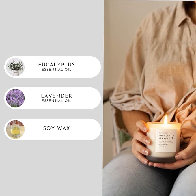 Slow North Eucalyptus + Lavender Candle - Essential Oils and Pure Soy Wax Candle in a Reusable Frosted Glass Jar - A Unique Scented Candle Hand-Poured in The USA (8 oz)
