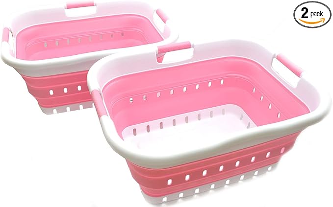 SAMMART 41L (10.8 gallon) Set of 2 Collapsible 3 Handled Plastic Laundry Basket -Foldable Pop Up Storage Container/Organizer-Space Saving Hamper/Basket (2, White/Pink)