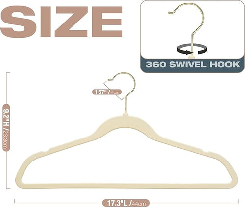 50 Pack Beige Velvet Hangers,Non Slip,Heavy-Duty,Slim,Space Saving,with Felt Surface and Gold 360°Swivel Hook,for Pants,Outfit,Skirts,Suits,Coats,Dresses ect.