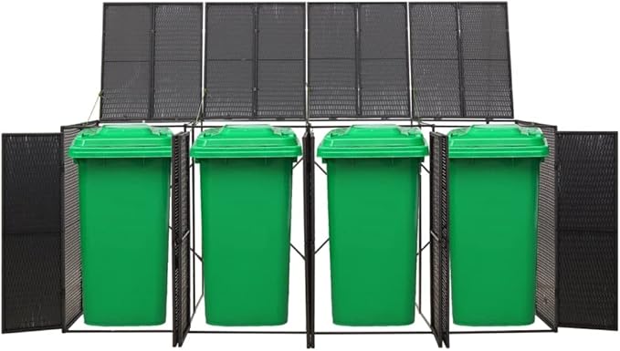 Quadruple Wheelie Bin Shed Garbage Can Storage Shed, PE Trash Container Management Unit, Outdoor Patio Recycling Dustbin Trash Shed, Black 107.9"x31.5"x46.1" Poly Rattan