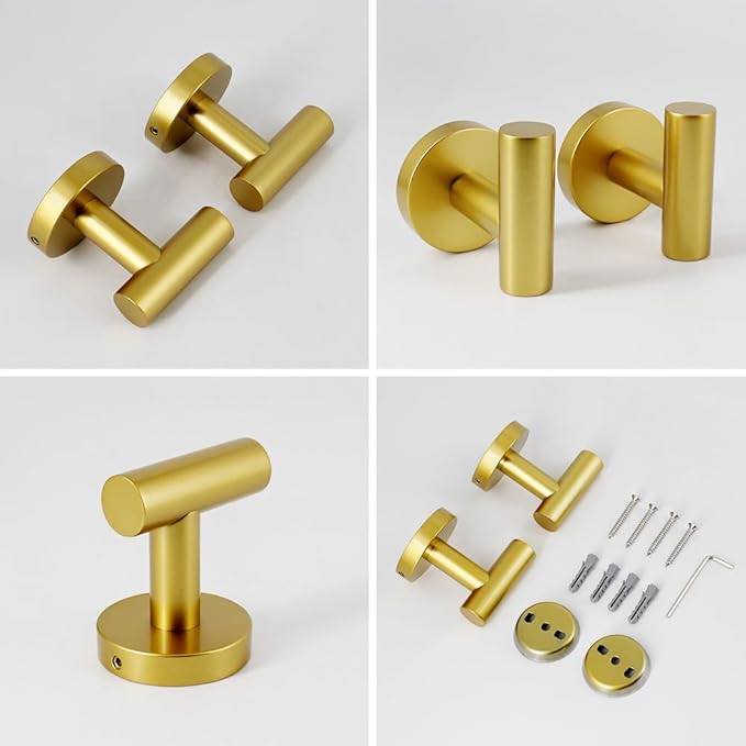 SUS 304 Stainless Steel Bathroom Towel Hooks Coat Hook Round Clothes Wall Mounted Towel Coat for Bath Kitchen Garage Hotel, Gold