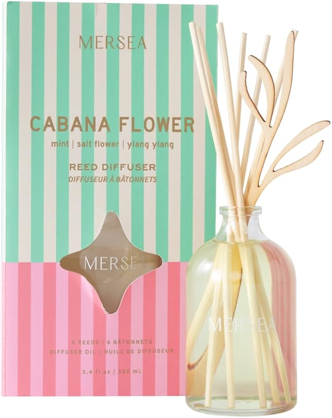 MERSEA Cabana Flower Bamboo Reed Diffuser, Scented Glass Oil Diffuser (3.4 fl oz)