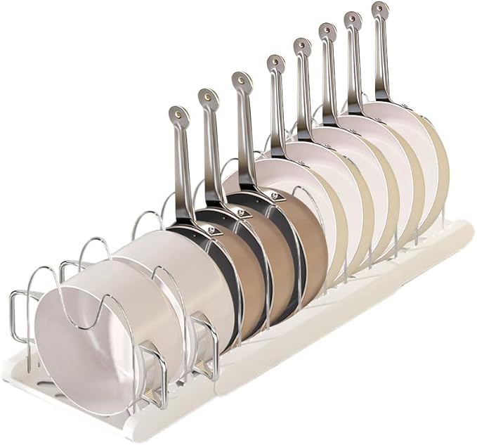 Lhieiayh Pot Rack -Expandable Pan Organizer for Cabinet,Pot Lid Holder with 10 Adjustable Compartment for Kitchen Cabinet Cookware Baking Frying Rack,Apricot
