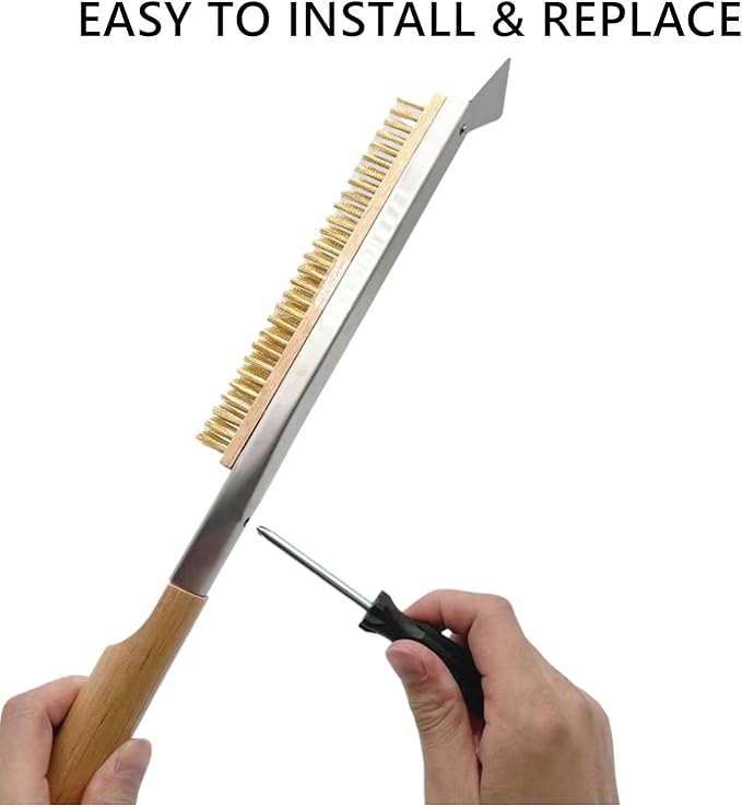 ToppYuanZea 21 Inch Pizza Oven Brush with Scraper, Brass Bristles, Outdoor BBQ Grill Cleaning Brush Copper Wire Pizza Stone with 1 Screwdriver Outdoor Oven Accessories