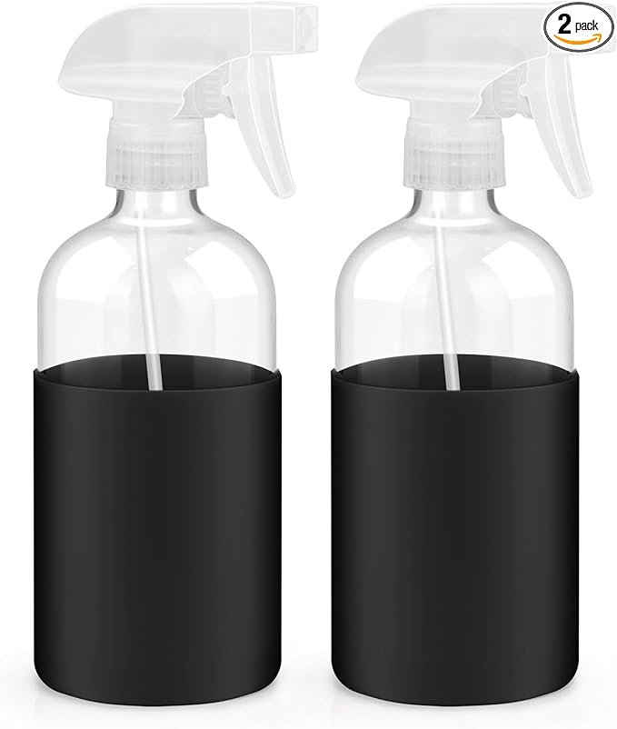 Worldgsb 2 Pack Glass Spray Bottles with Long Silicone Sleeve, 16 oz Empty Refillable Containers with Adjustable Spray Nozzles, Spray Bottles for Hair, Cleaning Solutions and Plants 2 Pack Black