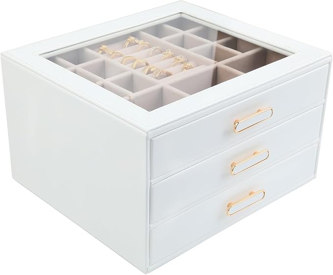 Jewelry Box Organizer with Glass Lids 3 Layer Jewelry Storage Case PU leather Jewelry Boxes for Woomen Suitable for Storing Rings Necklaces Earrings, Bracelets Gift Box for Girls