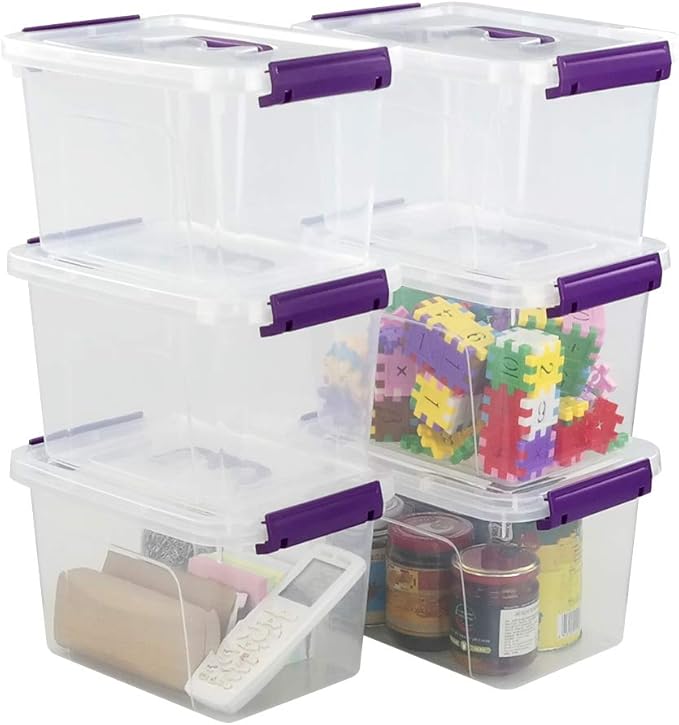 Farmoon 6 Quart Clear Storage Bin, Small Plastic Stackable Box/Cotainer with Lid and Purple Handle, 6 Packs