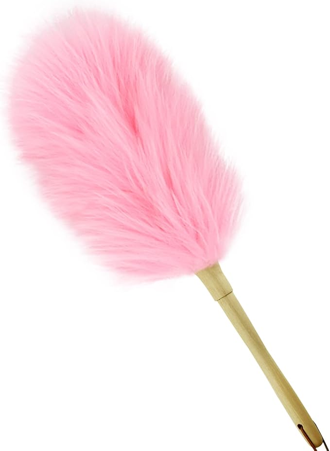 iHUFeather Lambswool Duster 16'' Length Solid Wooden Handle Leather Hang Strap for Cleaning Ceiling Fans Window Blinds Computer Furniture Figurines TV Natural Feather Duster,Pink