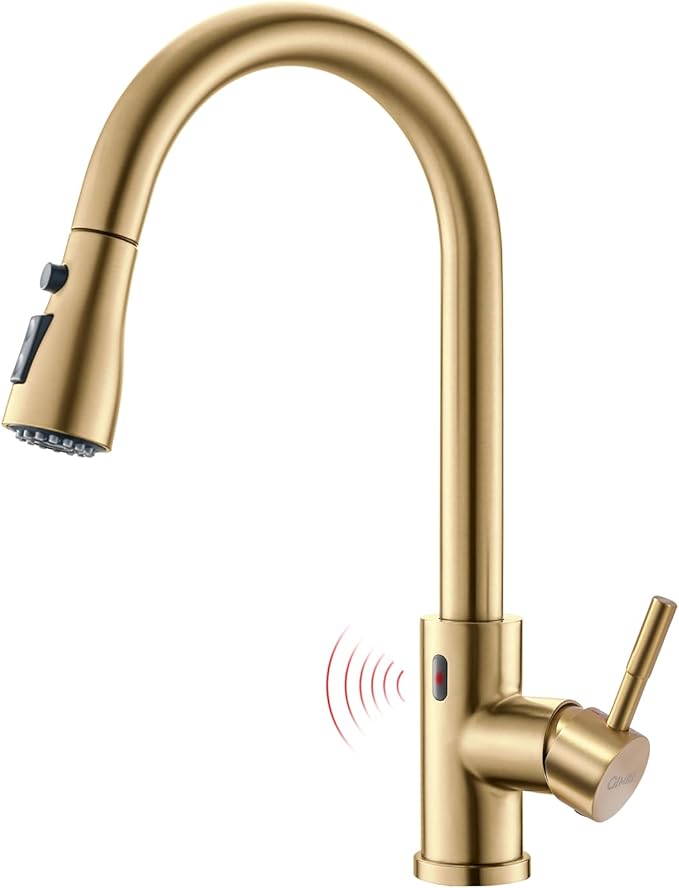 GIMILI Touchless Gold Kitchen Faucet with Pull Down Sprayer Motion Sensor Hands-Free Smart Activated Brushed Gold Brass Sink Faucets
