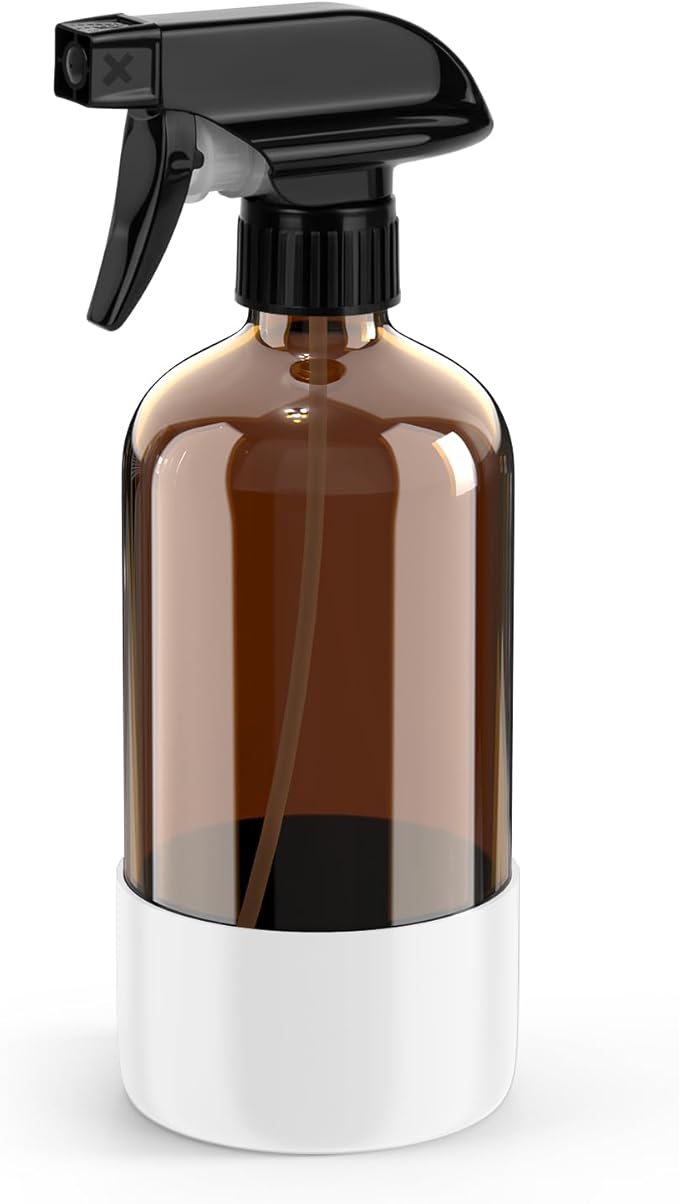 Bontip Amber Glass Spray Bottle with Silicone Sleeve Protection, 16 oz Refillable Spray Bottle for Cleaning Solutions, Plants, Aromatherapy, Facial Hydration (White Sleeve(Amber Bottle)