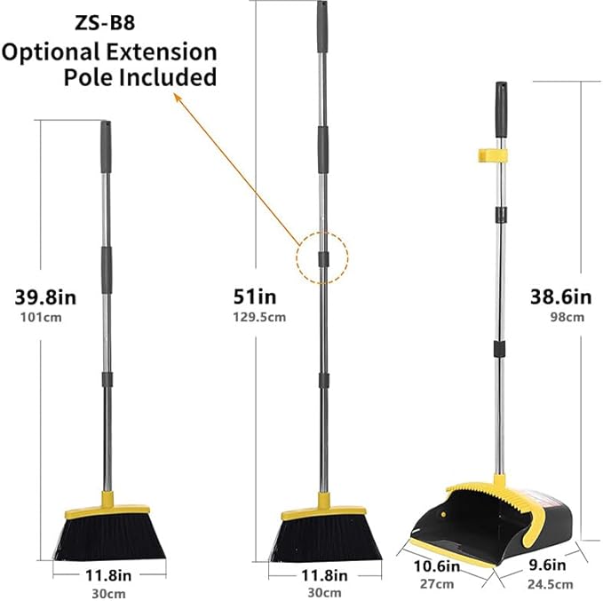 DJDTDTY 2-Pack is More economical，Upgraded Broom and Dustpan， with 52" Long Handle, Dustpan Teeth with self-Cleaning Function, Indoor and Outdoor Sweeping, Perfect for Home Office