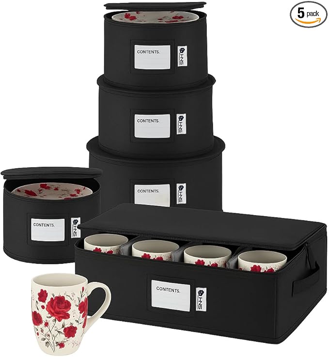 China Storage Hard Shell Containers 5-Piece Set Moving Boxes for Dinnerware, Glasses, Plates, Mugs and Saucers Sturdy Dish Organizer with Dividers for Seasonal Storage - Service for 12 - Black Quilted
