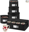 China Storage Hard Shell Containers 5-Piece Set Moving Boxes for Dinnerware, Glasses, Plates, Mugs and Saucers Sturdy Dish Organizer with Dividers for Seasonal Storage - Service for 12 - Black Quilted