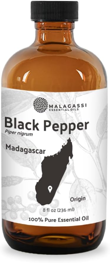 Black Pepper Essential Oil - Direct from Madagascar Farms - Steam Distilled - Aceite Pimienta Negra for Aromatherapy, Massage, Diffuser, DIY Candle and Soap Making - 8oz