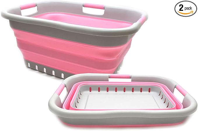 SAMMART 41L (10.8 gallon) Set of 2 Collapsible 3 Handled Plastic Laundry Basket-Foldable Pop Up Storage Container/Organizer-Space Saving Hamper/Basket (2, Grey/Pink)