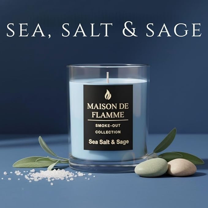 Sea Salt & Sage Scented Candle – 150g / 5.3 oz Soy Wax Blend with 10% Fragrance Load – Cotton Wick Home Candle for Bedroom, Bathroom & Living Room