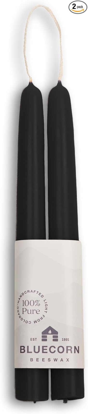 Bluecorn Beeswax Taper Candles, 100% Pure Natural Bees Wax, 8 Inch Pair, Black Candlesticks, Unscented, Clean Burning & Dripless, Long Lasting, Thanksgiving & Christmas Decor, American Made, 1 Count