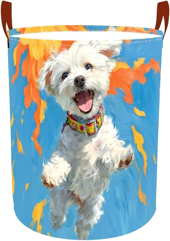 Laundry Basket 15.7x19.7 Inch Jumping White Dog with Sunshine Design Collapsible Laundry Hamper with Handles Oxford Fabric Foldable Clothes Storage Bin for Bedroom Bathroom Dorm
