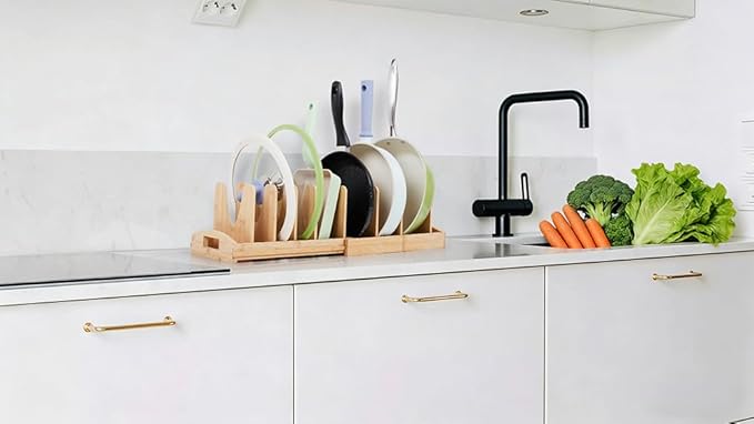 Kirosy Pots and Pans Organizer under Cabinet, Pot Lid Organizer Bamboo Expandable with 10 Adjustable Dividers, Pan Holder Kitchen Storage Rack for Cutting Board, Baking Tray and Cookie Sheet