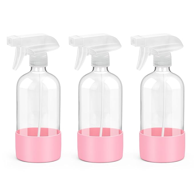 Rionisor Glass Spray Bottles with Silicone Sleeve Protection, Empty 16 oz Refillable Containers, Reusable Spray Bottles with Adjustable Nozzle for Hair, Cleaning Solutions, 3 Pack Pink