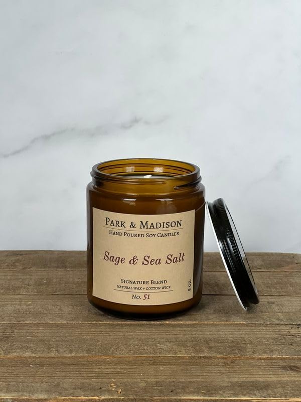 Park & Madison Sea Salt & Vetiver Soy Candle – Refreshing Earthy Scent with Ocean Air, Aquatic Florals & Warm Musk – Eco-Friendly Amber Jar, Non-Toxic, Long-Lasting Scented Candle (4 oz)