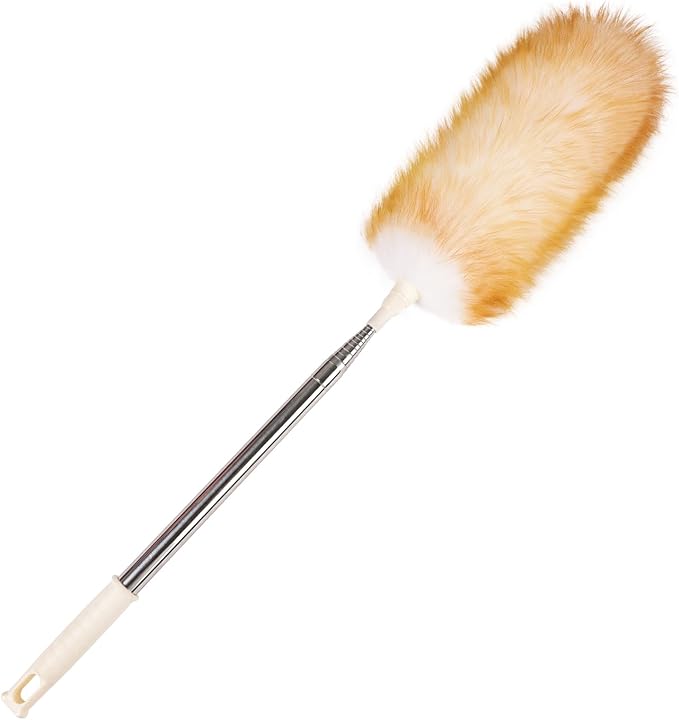 iHUFeather Extendable Lambswool Duster Stainless Steel Handle 133" Removable Feather Duster for Cleaning Ceiling Fans Interior Roof Furniture, Yellow
