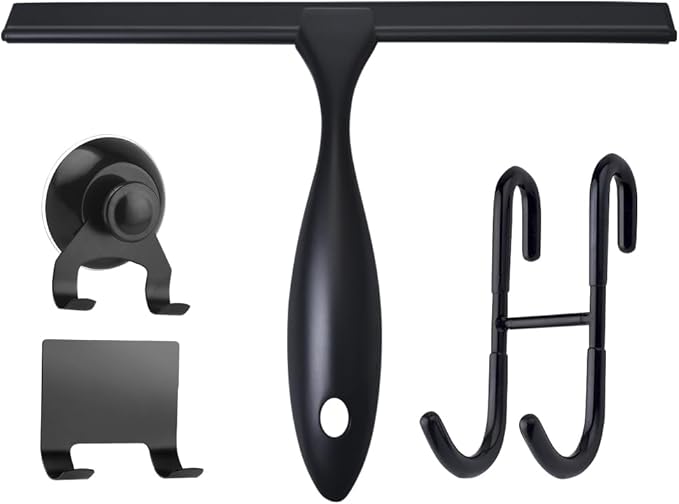 12'' Light Weight Stainless Steel Shower Squeegee for Glass Doors with 4 Pieces Set (1 Window Squeegee, 1 Door Hook and 2 Adhesive Hooks) Perfect Cleaning Tool for Car, Window, Bathroom Mirror