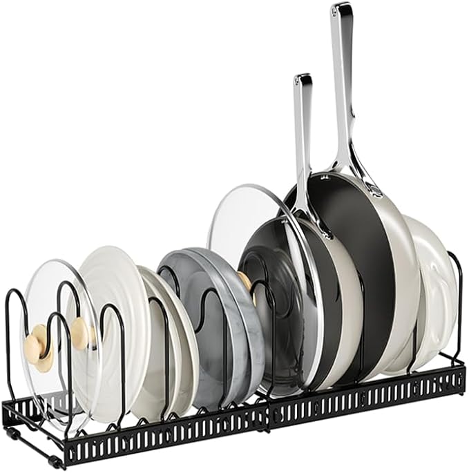 Expandable Pots and Pans Organizer Rack, Pot Lid Kitchen Cabinet Organizer Holder with 10 Adjustable Compartment, Kitchen Cabinet Organizer for Pots, Pans, Lids & Bakeware, Countertop Storage