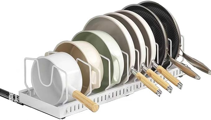 Mnftive pots and pans organizer under cabinet,pot lid organizers inside cabinet holders for kitchen,Horizontal and vertical pulling modes,Can be extended and adjusted (White horizontal pull-out)