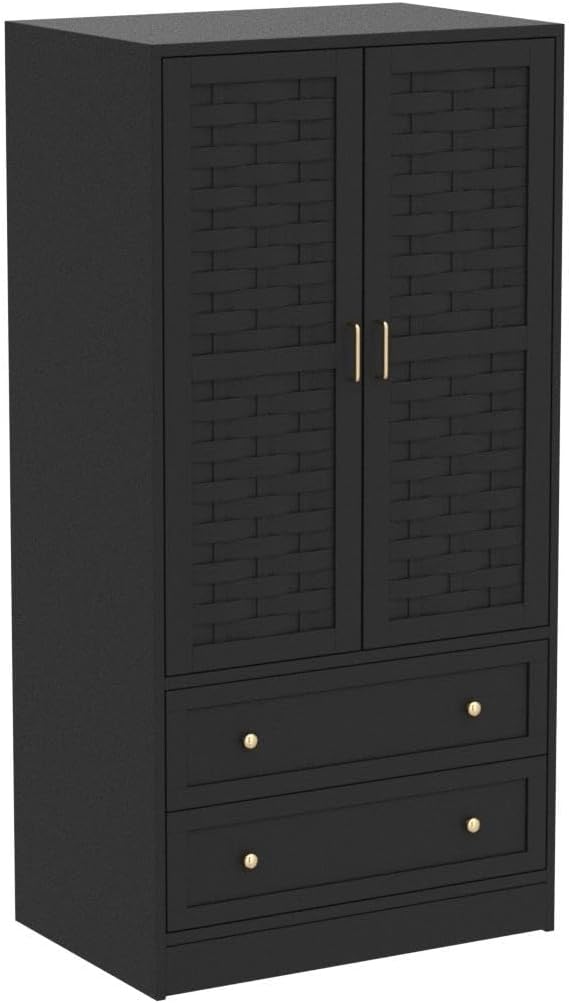 LEVNARY Armoire Wardrobe Closet with 2 Woven Doors, Wardrobe Cabinet with 2 Storage Drawers and Hanging Rail, Freestanding Wooden Closet for Bedroom (Black)