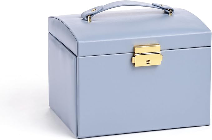 CASEGRACE Jewelry Box Organizer for Women Girls, Three Layer Jewelry Storage Box with Mirror PU Leather Jewelry Display Case for for Bracelets, Earrings, Rings, Necklaces,Blue
