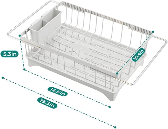 HANLE Small Dish Drying Rack in Sink, Expandable Stainless Steel Dish Drainers for Kitchen Counter, with Drain Board & Utensil Holder(White)