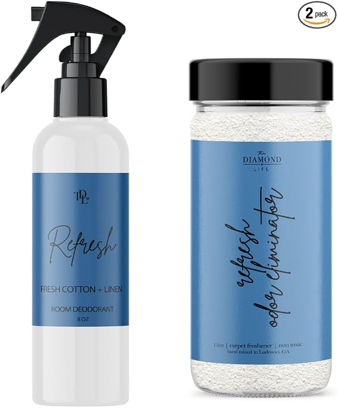 The Diamond Life Home REFRESH Bundle – Country Potpourri Carpet Powder & Upholstery Freshener with Room Spray Deodorizer – Air, Fabric & Linen Odor Eliminator – Pet & Kid Friendly