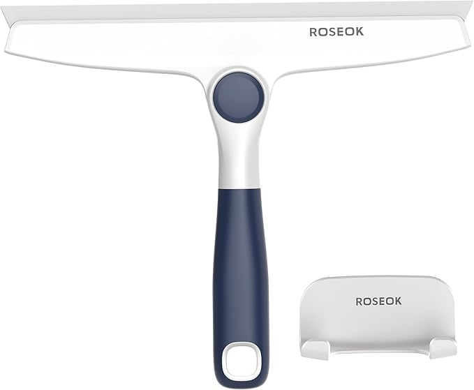 ROSEOK All-Purpose Silicone Squeegee for Shower Glass with Adhesive Hook, Pivoting Head, 10 Inch, Navy Blue, 1 Pack