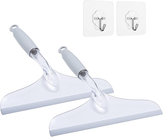 Shower Squeegee for Glass Door, 10'' Rubber Water Wiper for Bathroom Tile and Mirror, Clear Plastic Window Cleaner Tool, 2 Pack