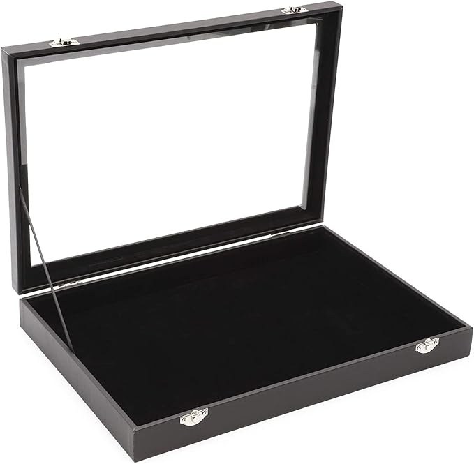 Juvale Black Velvet Jewelry Display Case Tray - 13.75 x 9.5 x 2 In - Glass Top Jewelry Box & Organizer