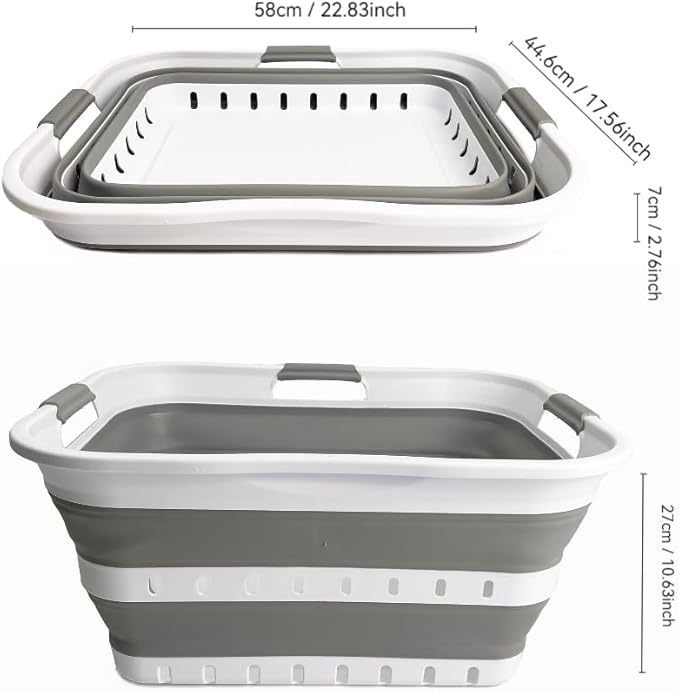 SAMMART 42L (11 gallons) Set of 2 Plastic Foldable Storage Basket/Container - Collapsible, Space Saving and Portable Laundry Hamper, Ideal for Home, Travel, Dorm, and Camping (2, White/Grey)