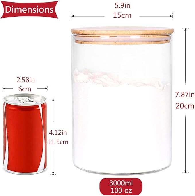 CZFWin Glass Flour Container with Airtight Bamboo Lid, Large Glass Food Jar with Wooden Lid for Storage Flour, Sugar, Cookies, Rice, Coffee Beans and etc (3L)