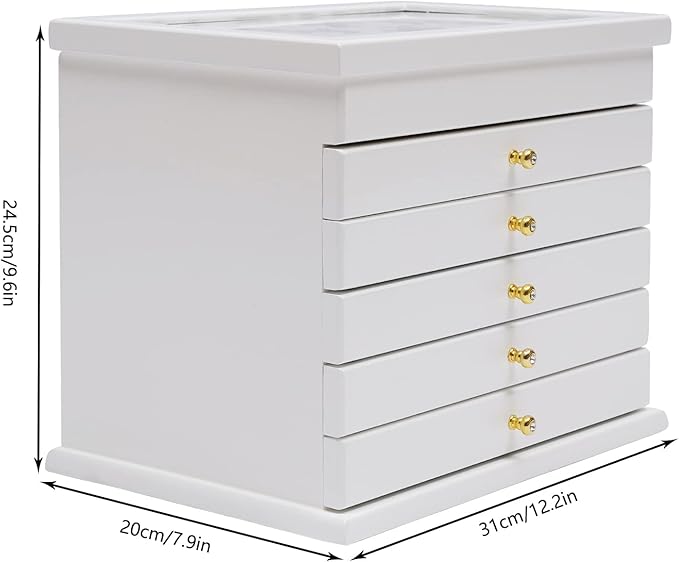 Jewelry Box,Wooden Jewelry Organizer,6 Layers Large Capacity Jewelry Holder Watches Necklace Ring Storage Box (White 2)