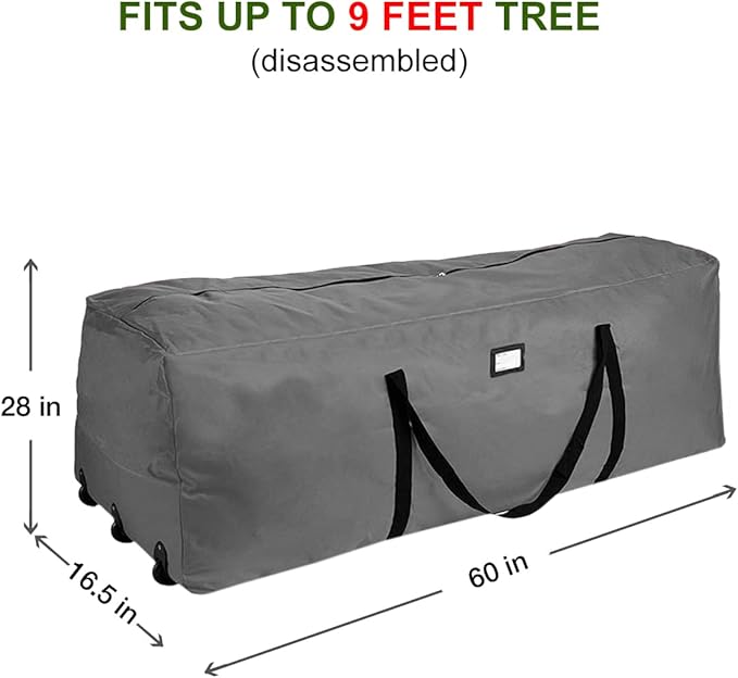 Primode Rolling Tree Storage Bag, Fits Up to 9 ft. Disassembled Holiday Tree, 28" Height X 16" Wide X 60" Long, Extra Large Heavy Duty Storage Container with Wheels and Handles (Gray)