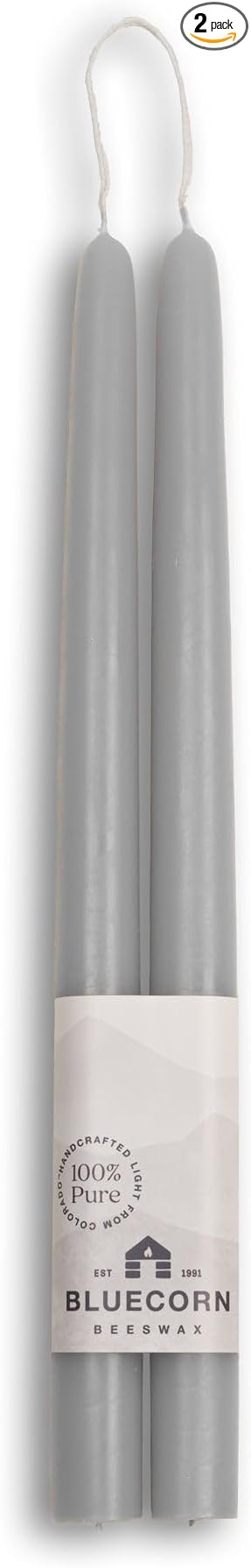 Bluecorn Beeswax Taper Candles, 100% Pure Natural Bees Wax, 12 Inch Pair, Grey Candlesticks, Unscented, Clean Burning & Dripless, Long Lasting, Thanksgiving & Christmas Decor, American Made, 1 Count