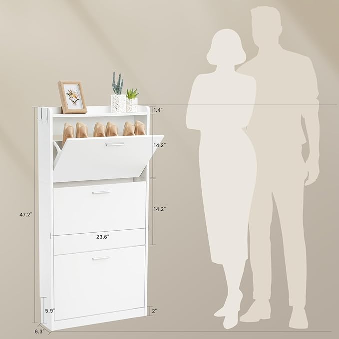 Shoe Cabinet Organizer with 3 Flip Drawers，Freestanding Shoe Rack Cabinet，Narrow Shoe Cabinet Storage for entryway，Foyer, Hallway, White, 23.6" W × 6.3" D × 47.2" H